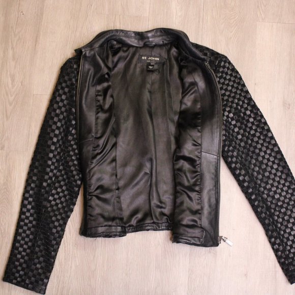 St. John Black Woven Leather Light Jacket Small - Picture 9 of 10